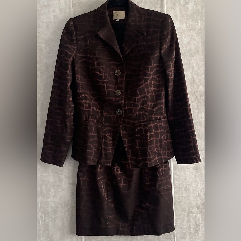 Vintage Alberto Makali Browns Black Animal Print Jacket Pencil Skirt Suit Sz6